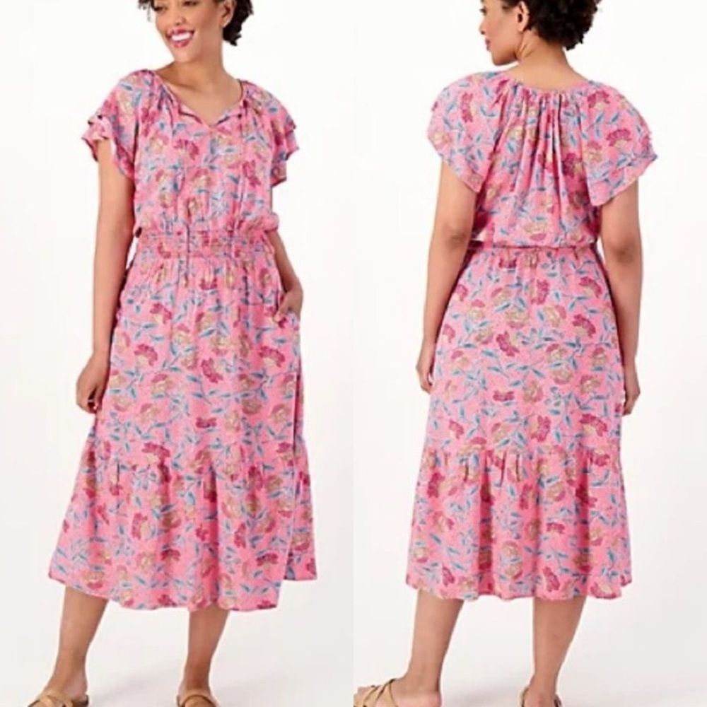 Destination 365 Floral Smocked Tie Front CottageCore Boho Maxi Dress Size M
